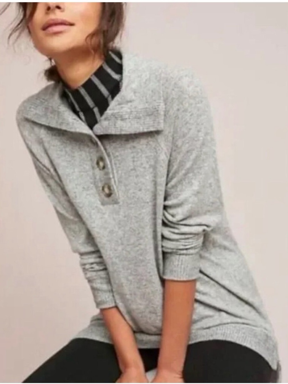 Saturday Sunday Gray Button-Neck Cowl Sweater in small